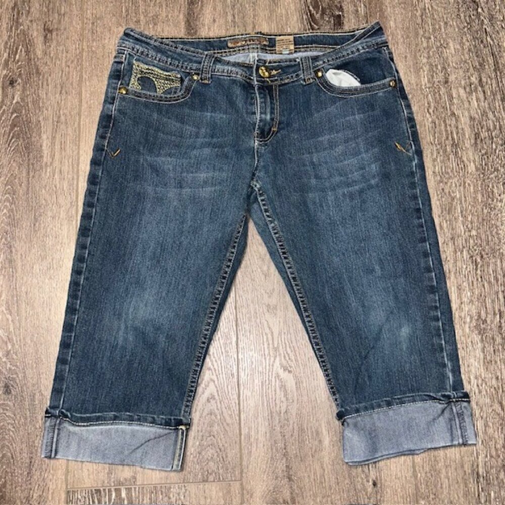 5ive Womens Blue Denim Stretch Capri Jeans Pants Embelished Pocket Size 15